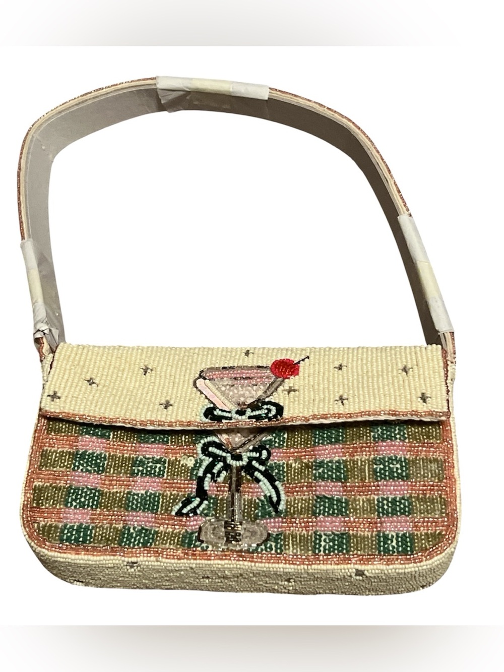 Anthropologie Beaded Cocktail Motif Shoulder Bag in Cream, Pink, Green